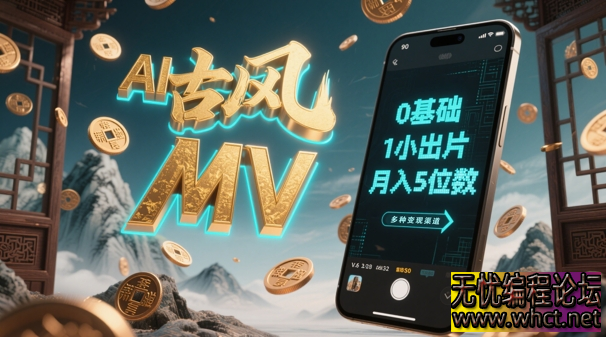 AI一键生成古风音乐MV，0剪辑基础1小时出片，多种变现渠道，一部手机月入5位数  2851 无忧技术吧www.whct.net