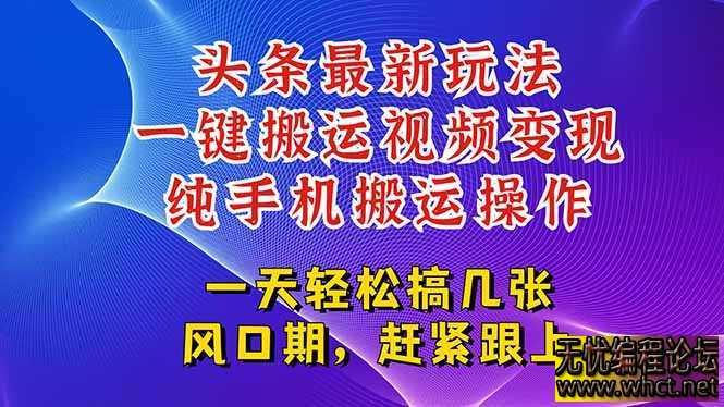 今日头条最新玩法，一键搬运视频也能轻松变现，随随便便就爆百万流量  6340 无忧技术吧www.92wuyou.cn