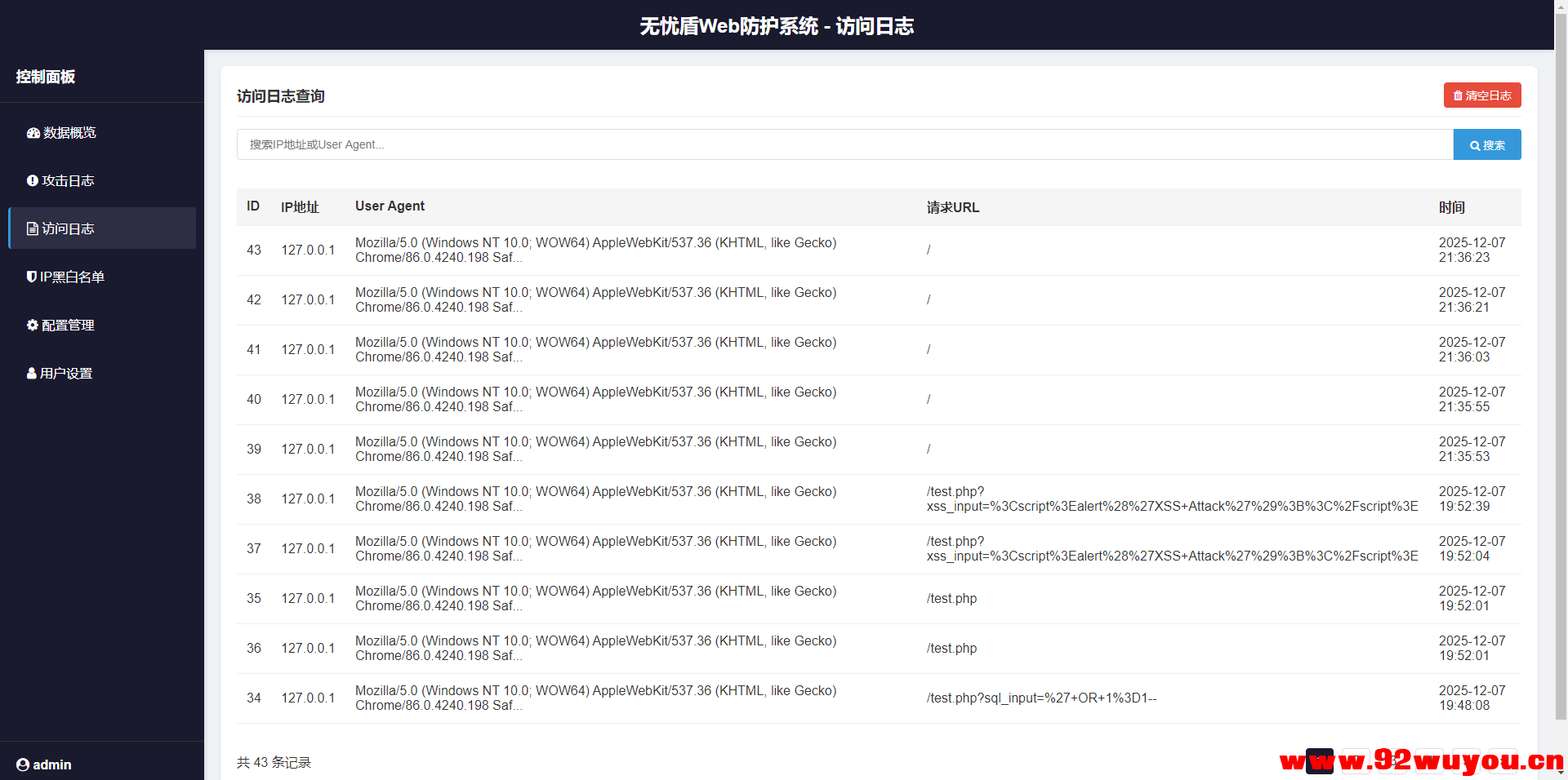 无忧盾Web-安全防护系统高抗CC攻击，XSS SQL 注入漏洞工具免费开源版-无加密版本  151 无忧技术吧www.92wuyou.cn